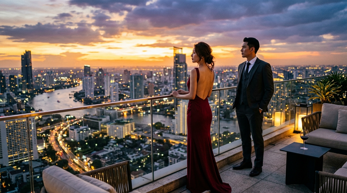 Couple looking over balcony at twilight city lights